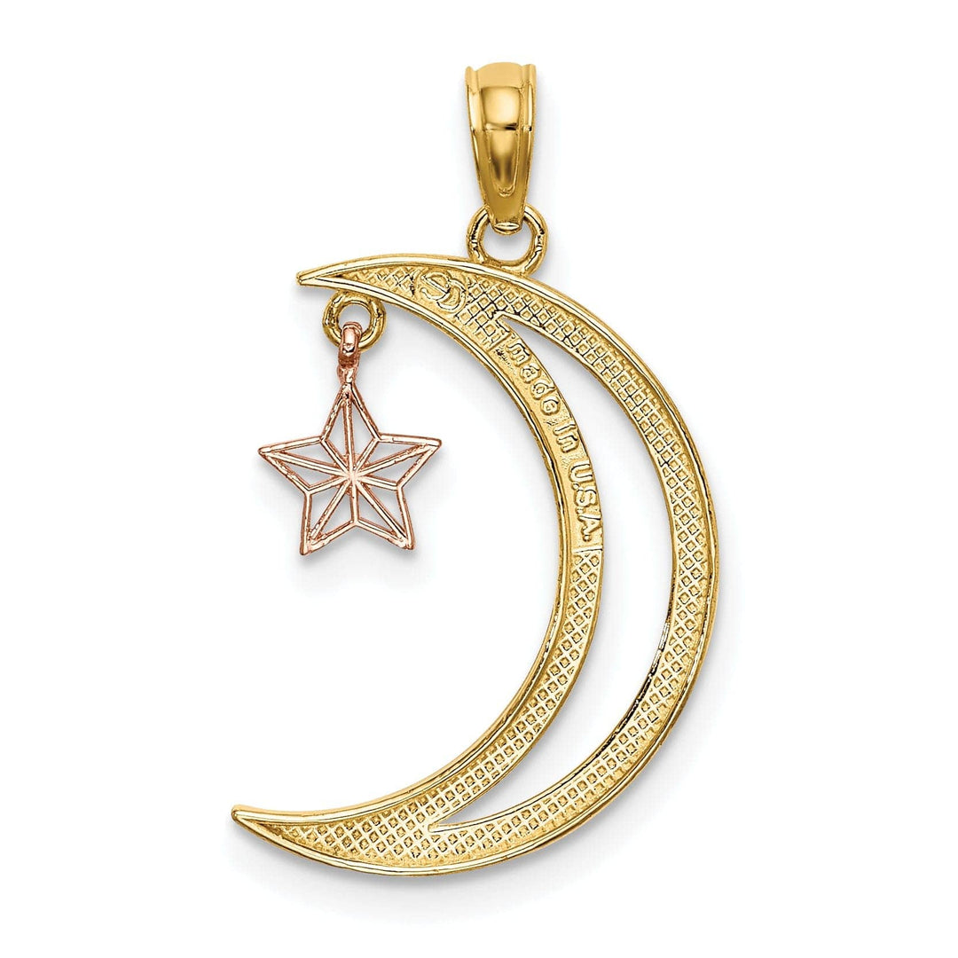 Lovely Rita's Pendants & Charms 14k Two Tone Gold White Rhodium Open Back Texture Polished Finish Moon with Dangle Star Charm Pendant
