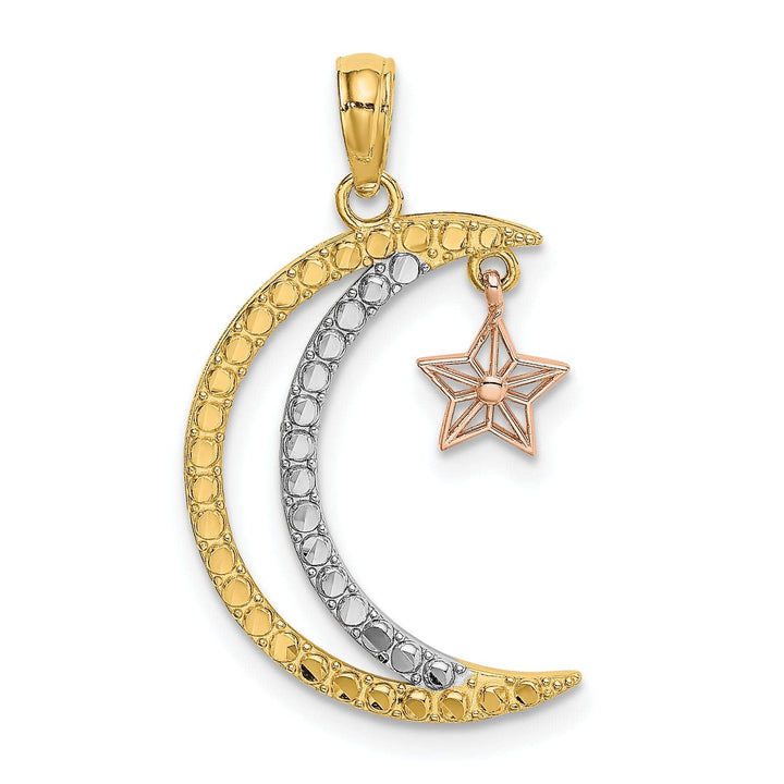 Lovely Rita's Pendants & Charms 14k Two Tone Gold White Rhodium Open Back Texture Polished Finish Moon with Dangle Star Charm Pendant