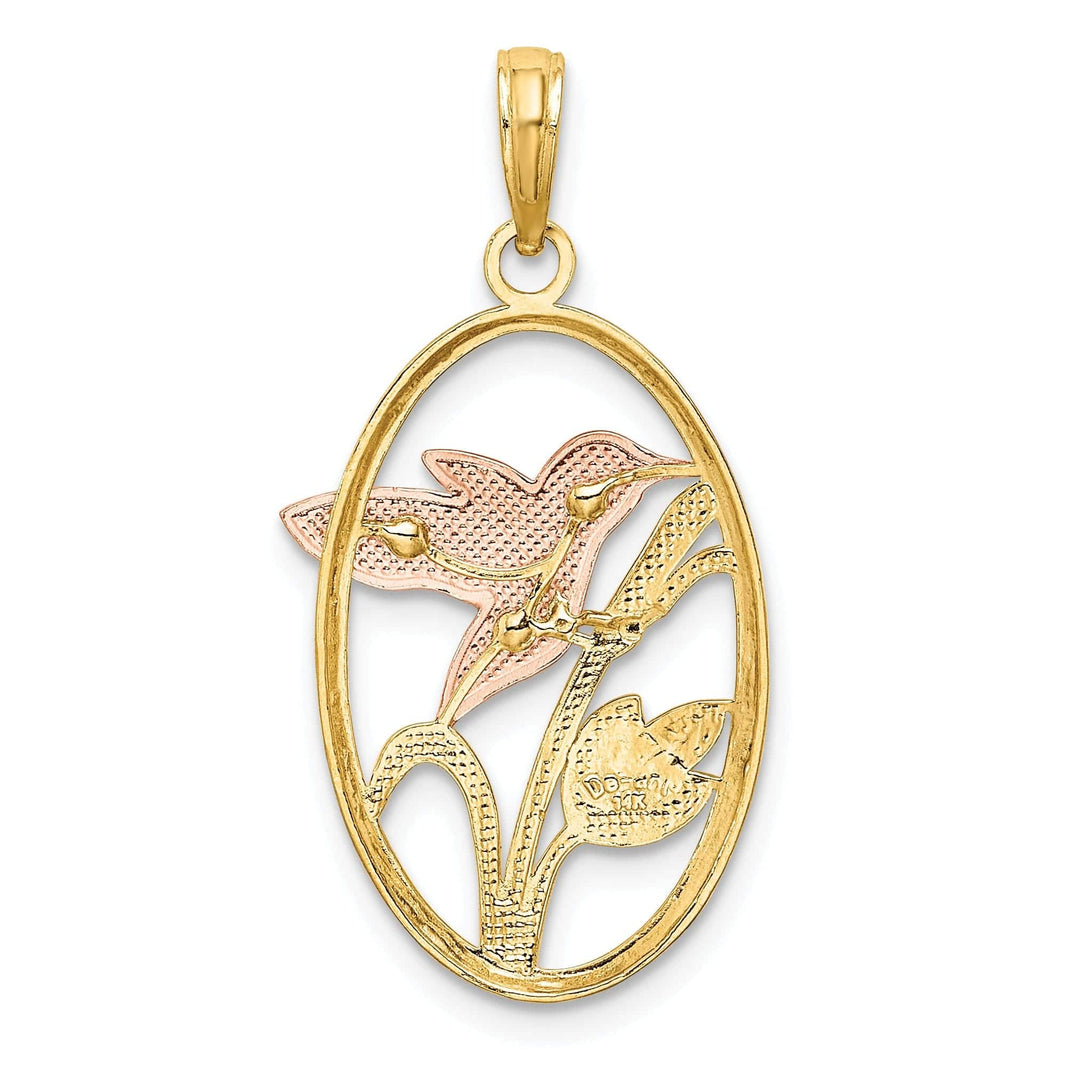 Lovely Rita's Pendants & Charms 14k Two Tone Gold White Rhodium Open Back Textured Polished Finish Hummingbird and Flowers In Oval Frame Charm Pendant