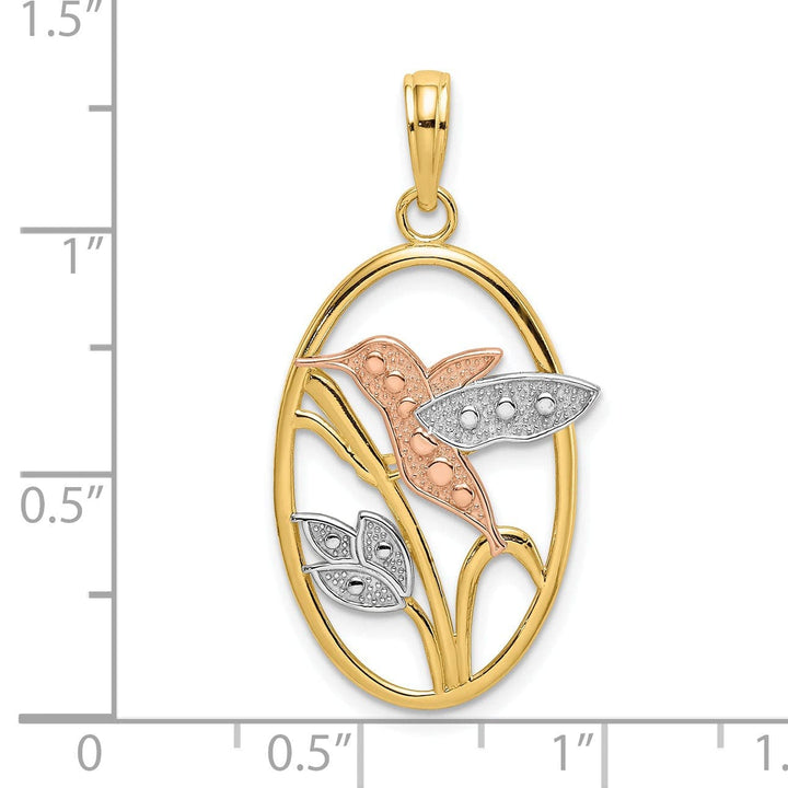 Lovely Rita's Pendants & Charms 14k Two Tone Gold White Rhodium Open Back Textured Polished Finish Hummingbird and Flowers In Oval Frame Charm Pendant