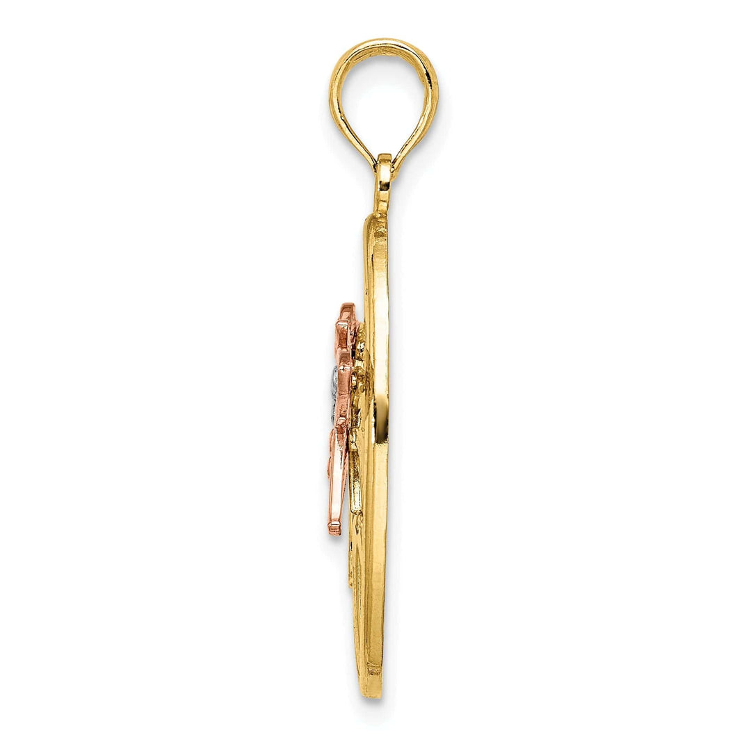 Lovely Rita's Pendants & Charms 14k Two Tone Gold White Rhodium Open Back Textured Polished Finish Hummingbird and Flowers In Oval Frame Charm Pendant