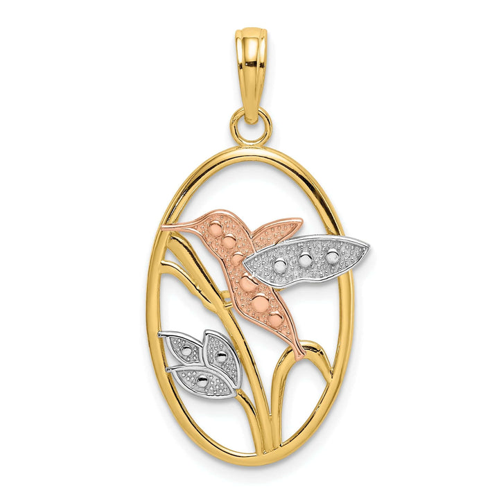 Lovely Rita's Pendants & Charms 14k Two Tone Gold White Rhodium Open Back Textured Polished Finish Hummingbird and Flowers In Oval Frame Charm Pendant