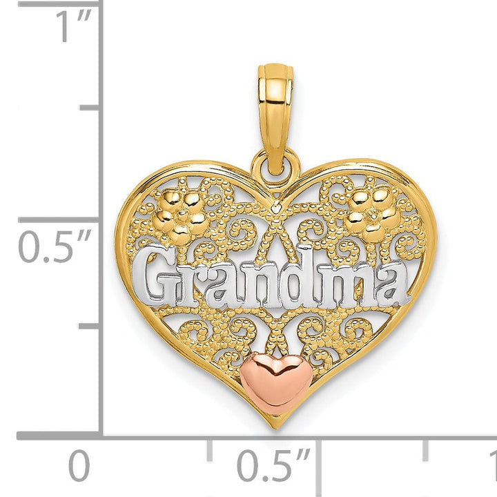 Lovely Rita's Pendants & Charms 14k Two Tone Gold, White Rhodium Polished Finish GRANDMA In Filigree Heart Shape Design Charm Pendant
