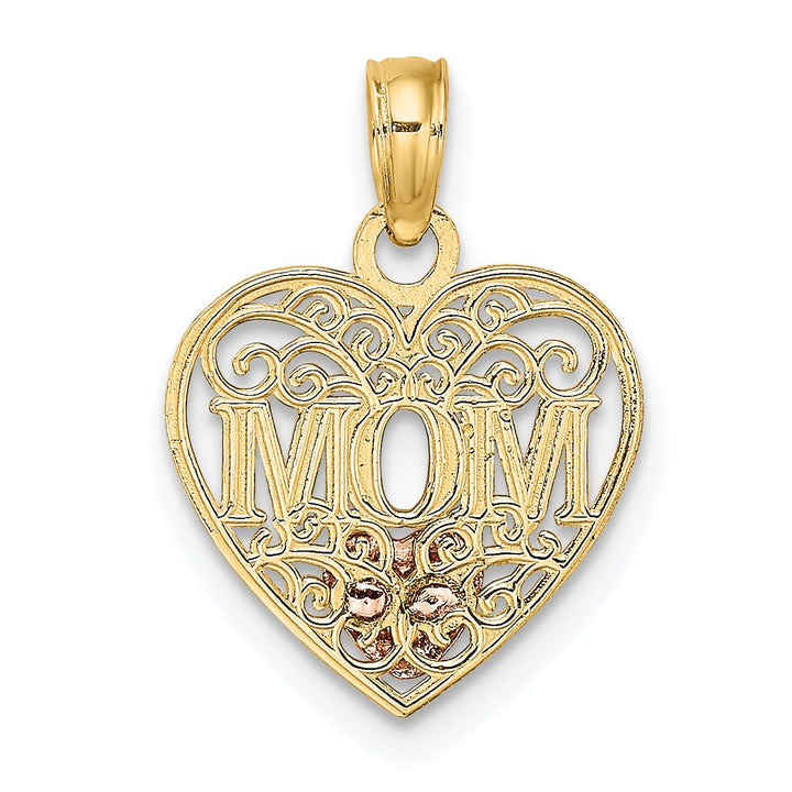 Lovely Rita's Pendants & Charms 14K Two Tone Gold, White Rhodium Polished Finish MOM Heart in Heart Filigree Design Charm Pendant