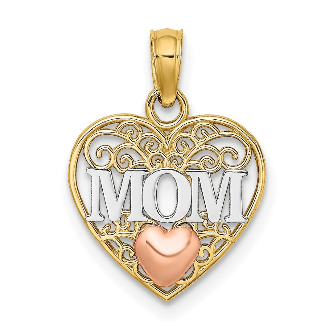 Lovely Rita's Pendants & Charms 14K Two Tone Gold, White Rhodium Polished Finish MOM Heart in Heart Filigree Design Charm Pendant