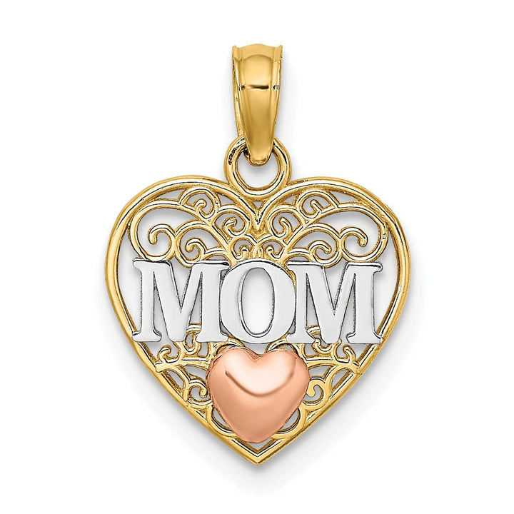 Lovely Rita's Pendants & Charms 14K Two Tone Gold, White Rhodium Polished Finish MOM Heart in Heart Filigree Design Charm Pendant
