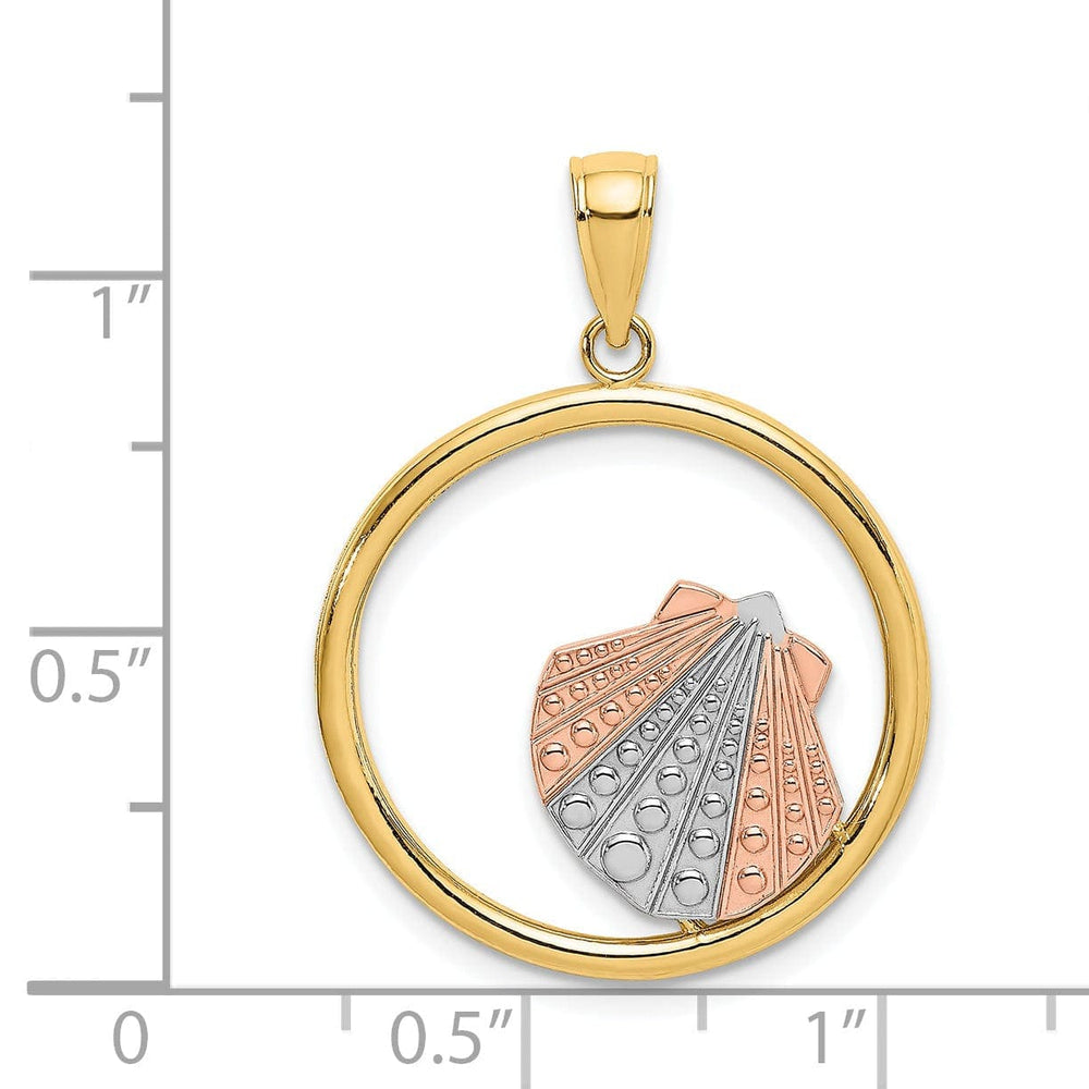 Lovely Rita's Pendants & Charms 14K Two Tone Gold, White Rhodium Polished Finish Sea Scallop Shell In Circle Design Charm Pendant