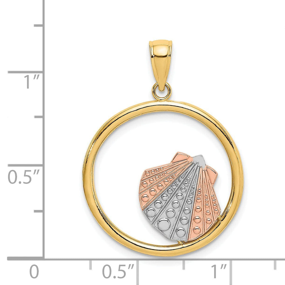 Lovely Rita's Pendants & Charms 14K Two Tone Gold, White Rhodium Polished Finish Sea Scallop Shell In Circle Design Charm Pendant