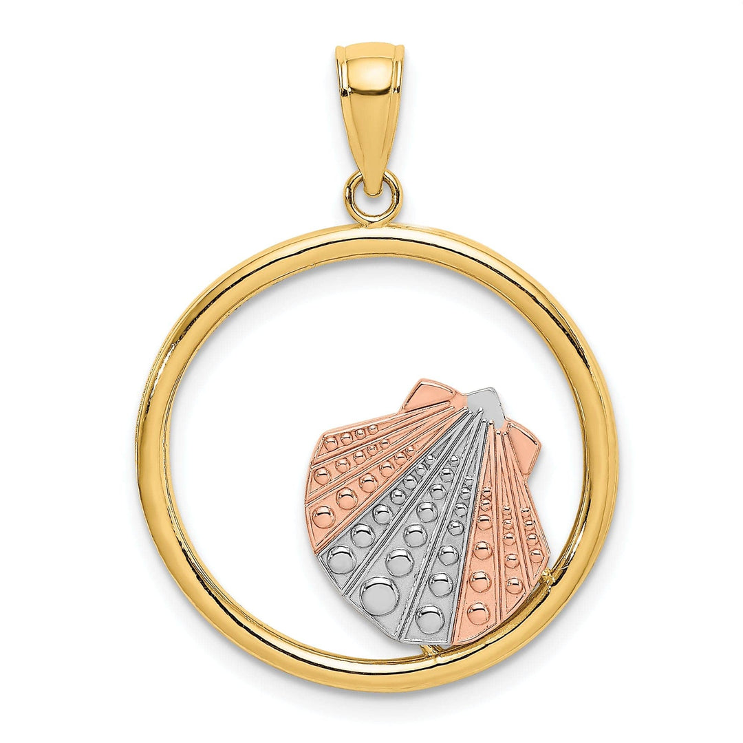 Lovely Rita's Pendants & Charms 14K Two Tone Gold, White Rhodium Polished Finish Sea Scallop Shell In Circle Design Charm Pendant