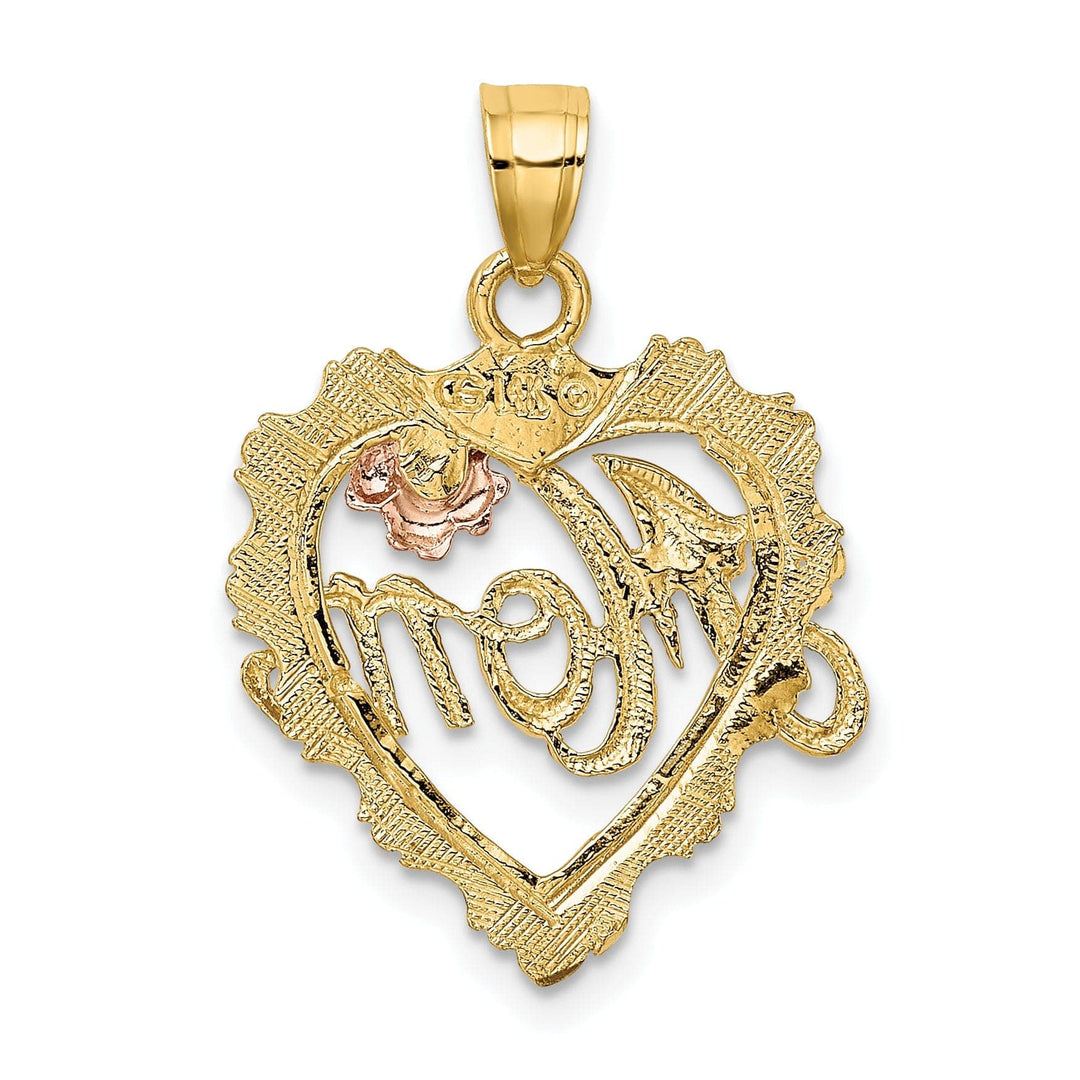 Lovely Rita's Pendants & Charms 14k Two Tone Gold, White Rhodium Polished Texture Finish MOM in Heart Shape Design Charm Pendant