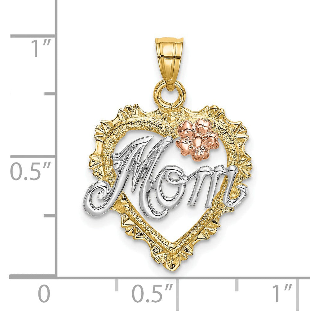 Lovely Rita's Pendants & Charms 14k Two Tone Gold, White Rhodium Polished Texture Finish MOM in Heart Shape Design Charm Pendant
