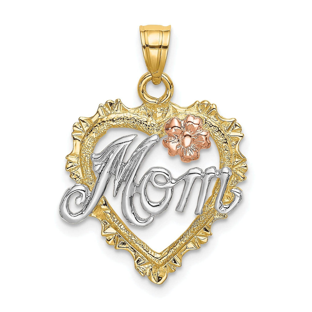 Lovely Rita's Pendants & Charms 14k Two Tone Gold, White Rhodium Polished Texture Finish MOM in Heart Shape Design Charm Pendant