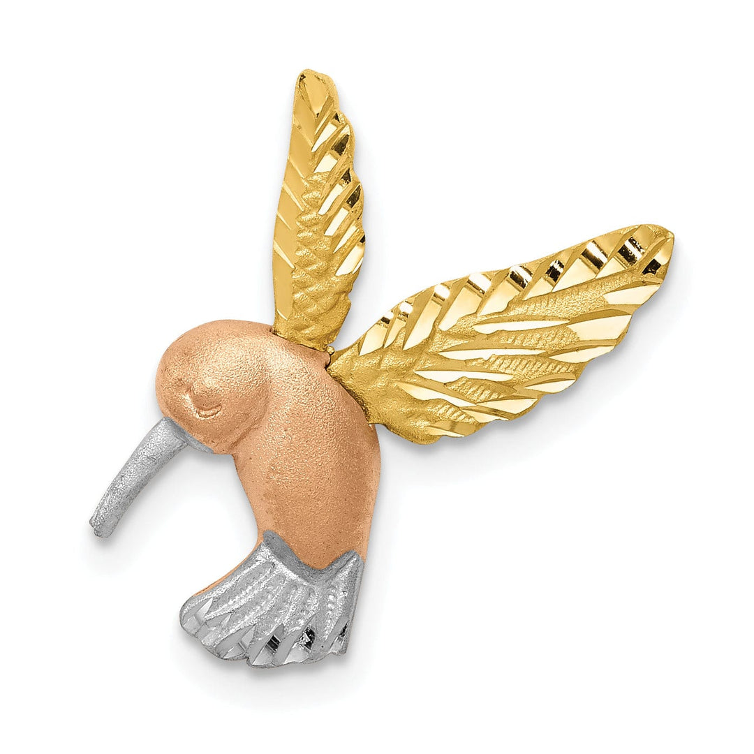 Lovely Rita's Pendants & Charms 14K Two Tone Gold White Rhodium Satin Diamond Cut Finish Solid Open Back Hummingbird Slide Pendant will not fit Omega Chain