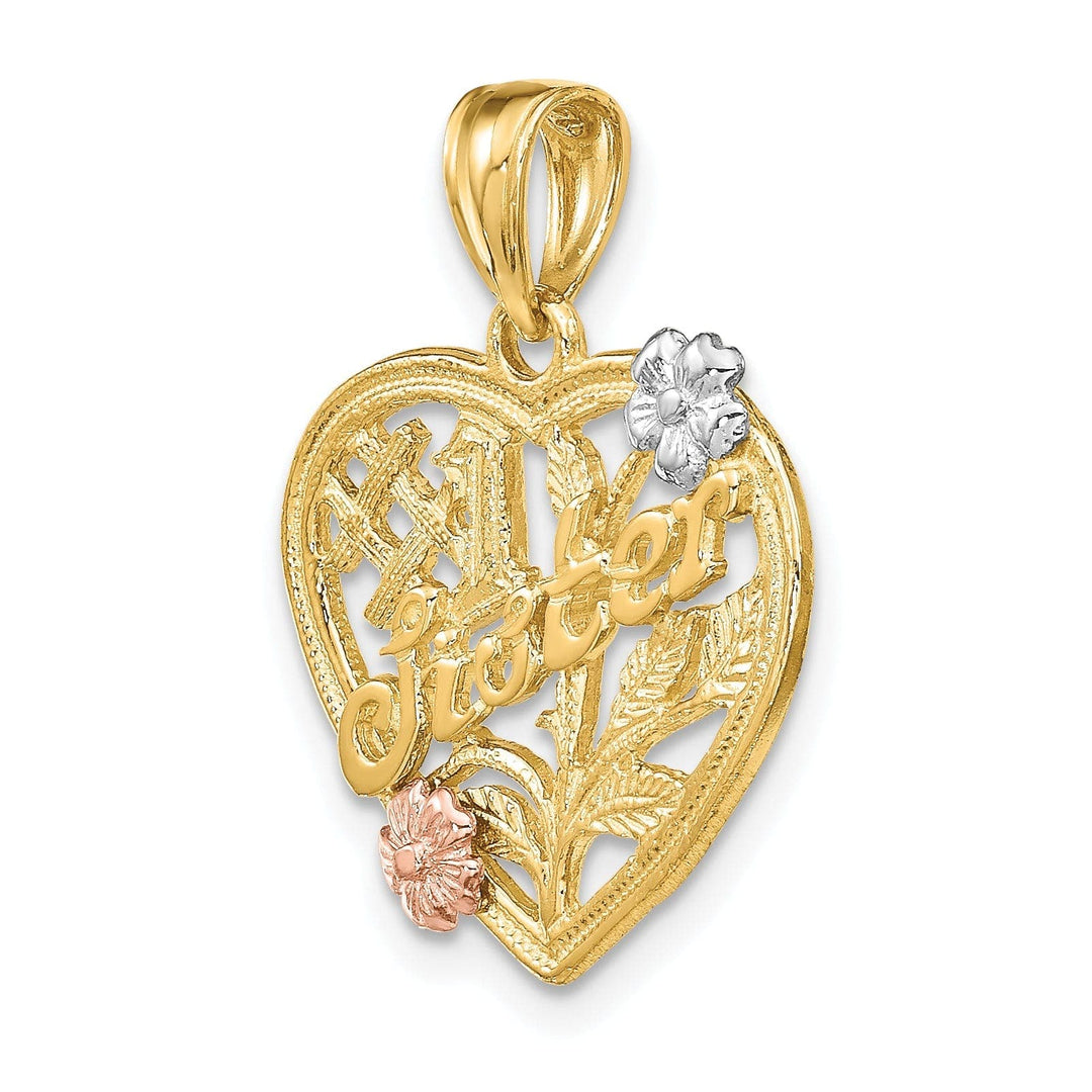 Lovely Rita's Pendants & Charms 14k Two Tone Gold, White Rhodium SISTER in Heart with Flowers Style Design Charm Pendant