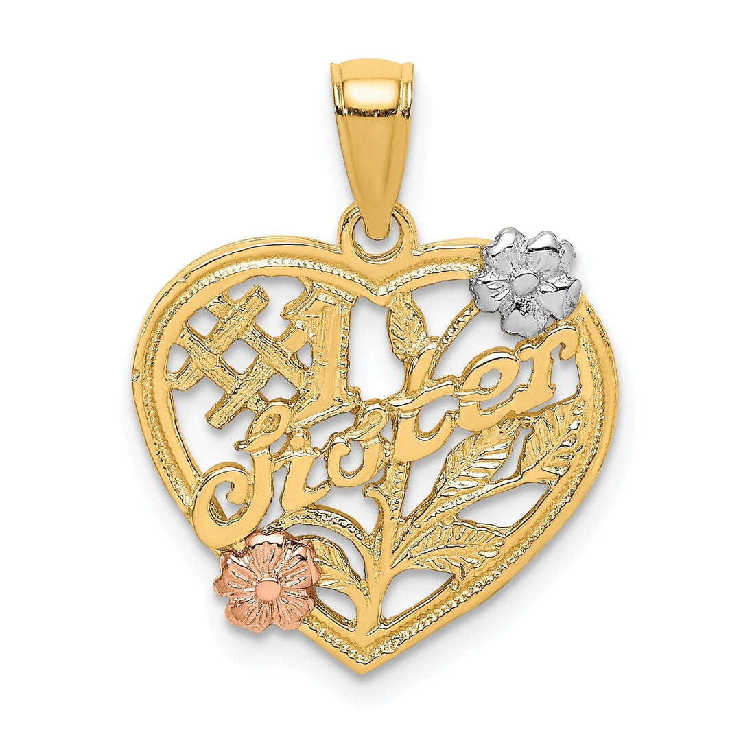 Lovely Rita's Pendants & Charms 14k Two Tone Gold, White Rhodium SISTER in Heart with Flowers Style Design Charm Pendant