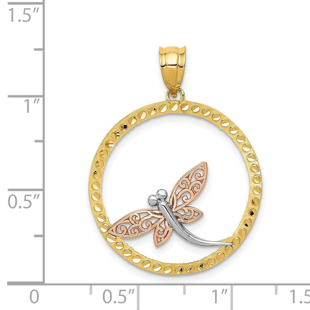 Lovely Rita's Pendants & Charms 14K Two-Tone Gold White Rhodium Solid Open Back Polished Diamont Cut Finish Circle Shape Design Dragonfly Charm Pendant
