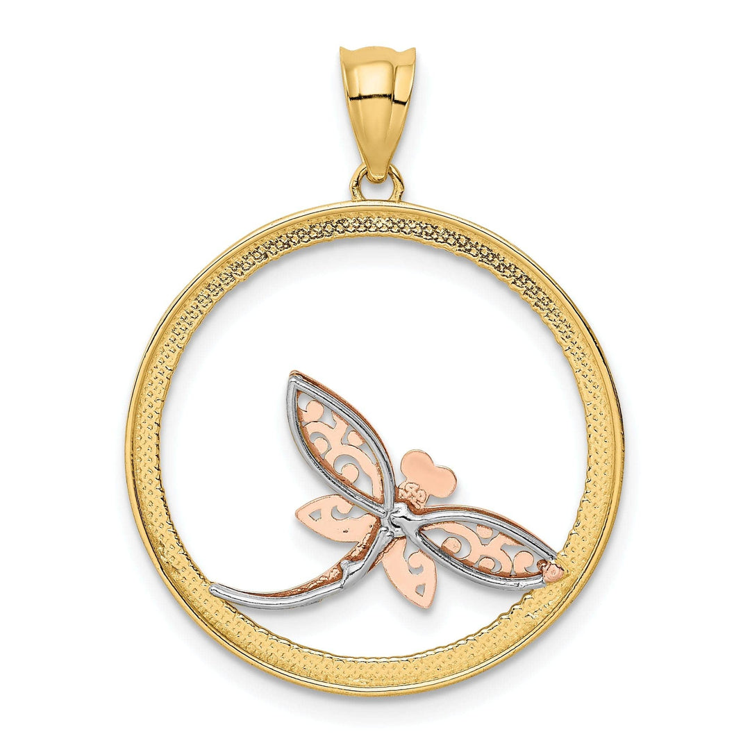 Lovely Rita's Pendants & Charms 14K Two-Tone Gold White Rhodium Solid Open Back Polished Diamont Cut Finish Circle Shape Design Dragonfly Charm Pendant