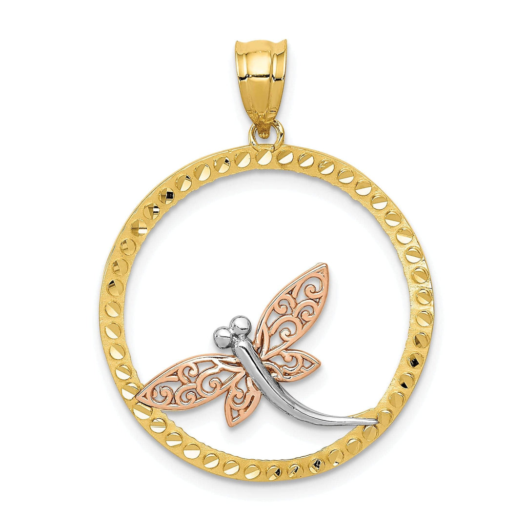 Lovely Rita's Pendants & Charms 14K Two-Tone Gold White Rhodium Solid Open Back Polished Diamont Cut Finish Circle Shape Design Dragonfly Charm Pendant