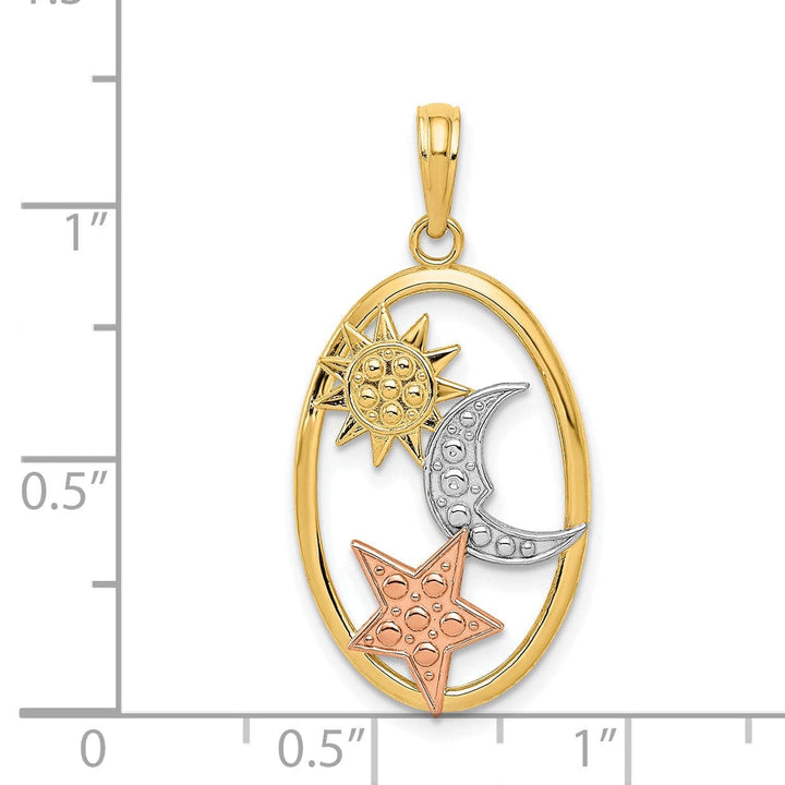 Lovely Rita's Pendants & Charms 14k Two Tone Gold White Rhodium Solid Polished Texture Finish Sun, Moon and Star Oval Shape Charm Pendant
