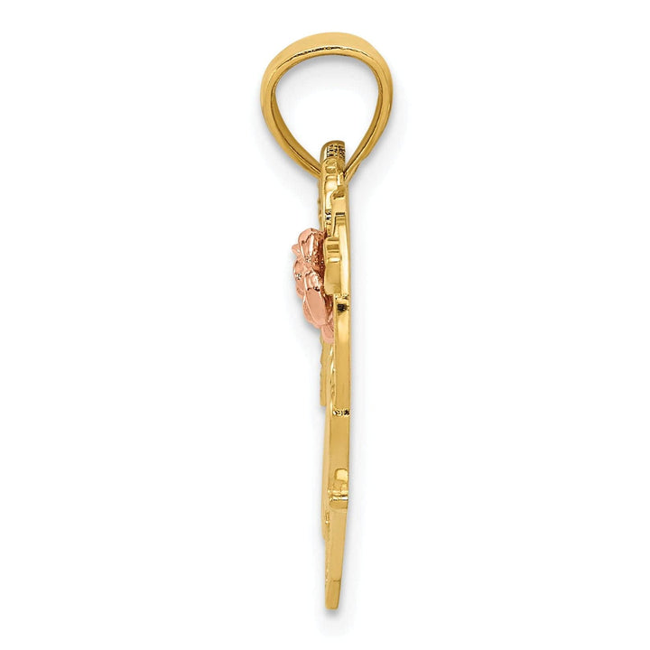 Lovely Rita's Pendants & Charms 14k Two Tone Gold, White Rhodium Solid Polished Textured Finish #1 MOM in Heart with Flower Design Charm Pendant