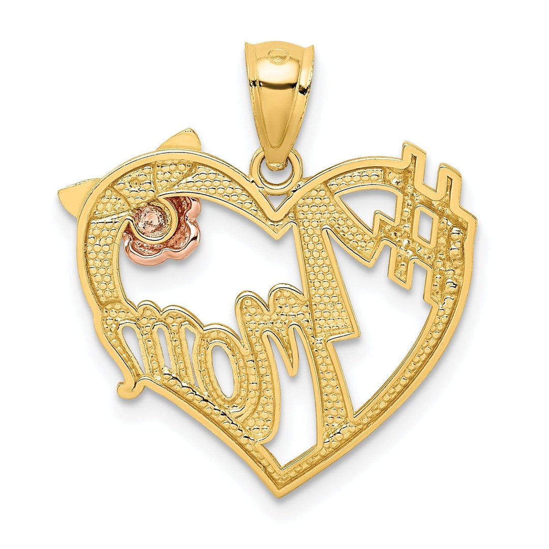 Lovely Rita's Pendants & Charms 14k Two Tone Gold, White Rhodium Solid Polished Textured Finish #1 MOM in Heart with Flower Design Charm Pendant