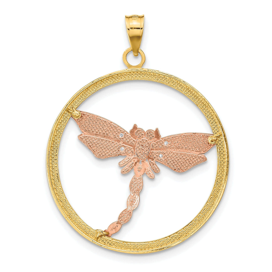 Lovely Rita's Pendants & Charms 14k Two-Tone Gold White Rhodium Solid Textured Polished Finish Dragonfly With Beaded Wings Design In Round Frame Charm Pendant