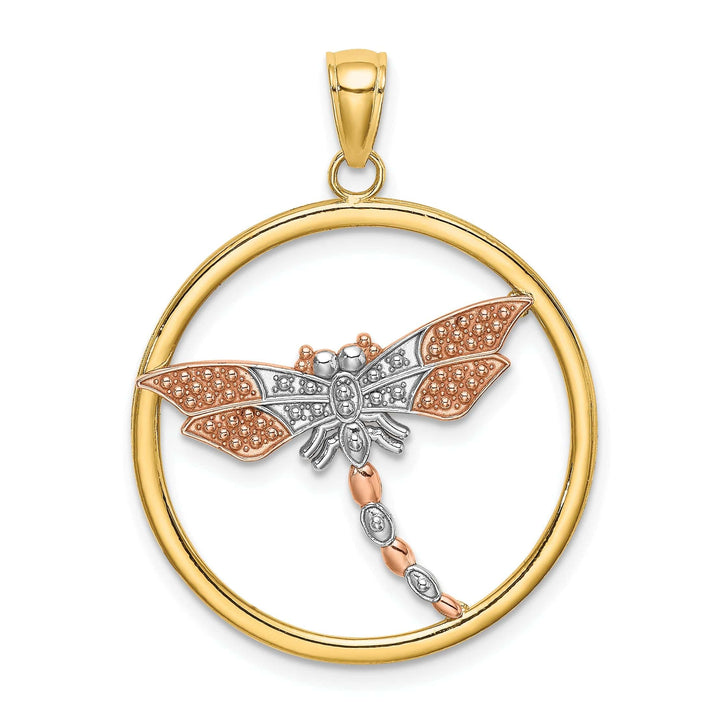 Lovely Rita's Pendants & Charms 14k Two-Tone Gold White Rhodium Solid Textured Polished Finish Dragonfly With Beaded Wings Design In Round Frame Charm Pendant