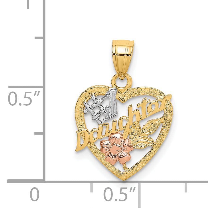Lovely Rita's Pendants & Charms 14k Two Tone Gold, White Rhodium Textured Polished Finish #1 DAUGHTER IN HEART Shape with Rose Flower Design Charm Pendant