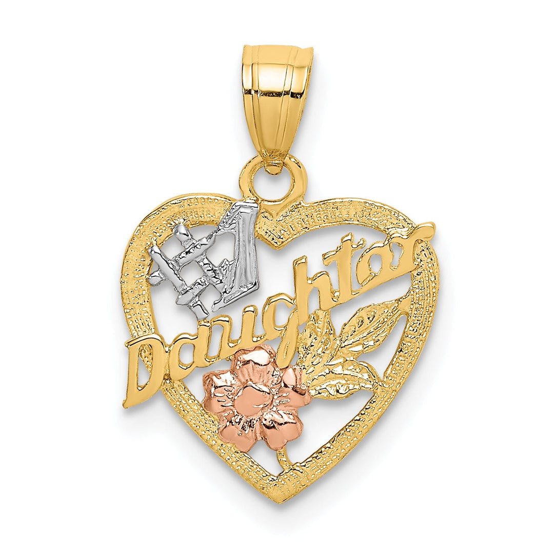 Lovely Rita's Pendants & Charms 14k Two Tone Gold, White Rhodium Textured Polished Finish #1 DAUGHTER IN HEART Shape with Rose Flower Design Charm Pendant