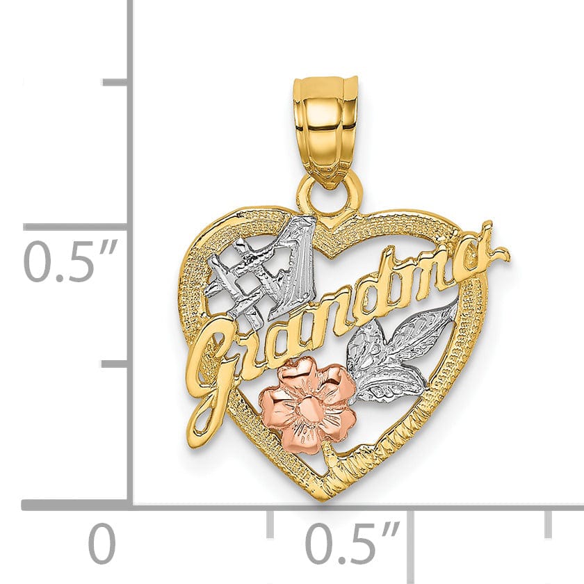 Lovely Rita's Pendants & Charms 14k Two Tone Gold, White Rhodium Textured Polished Finish #1 GRANDMA In Heart Flower Design Charm Pendant