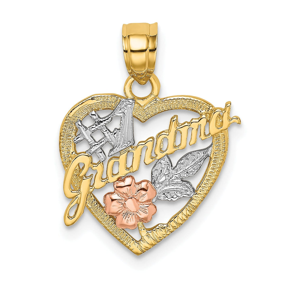 Lovely Rita's Pendants & Charms 14k Two Tone Gold, White Rhodium Textured Polished Finish #1 GRANDMA In Heart Flower Design Charm Pendant