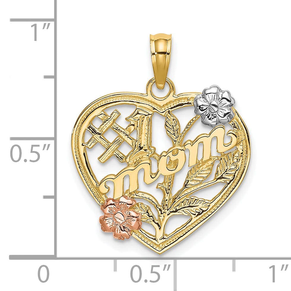 Lovely Rita's Pendants & Charms 14K Two Tone Gold, White Rhodium Textured Polished Finish #1 MOM Heart with Leaf, Flower Design Charm Pendant