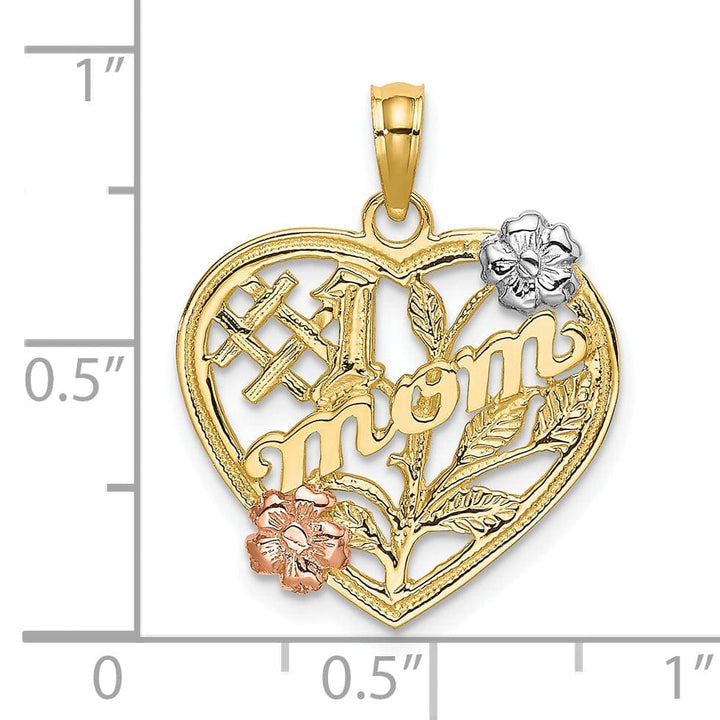 Lovely Rita's Pendants & Charms 14K Two Tone Gold, White Rhodium Textured Polished Finish #1 MOM Heart with Leaf, Flower Design Charm Pendant
