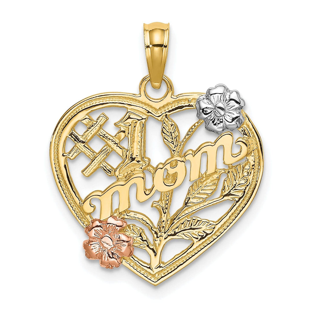 Lovely Rita's Pendants & Charms 14K Two Tone Gold, White Rhodium Textured Polished Finish #1 MOM Heart with Leaf, Flower Design Charm Pendant