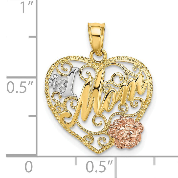 Lovely Rita's Pendants & Charms 14k Two Tone Gold, White Rhodium Textured Polished Finish #1 Mom with Flower Beaded Design Heart Shape Charm Pendant