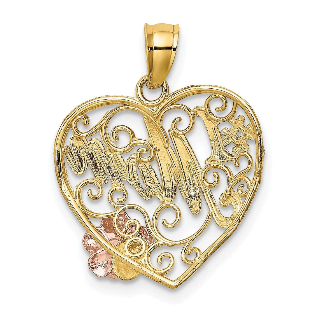 Lovely Rita's Pendants & Charms 14k Two Tone Gold, White Rhodium Textured Polished Finish #1 Mom with Flower Beaded Design Heart Shape Charm Pendant