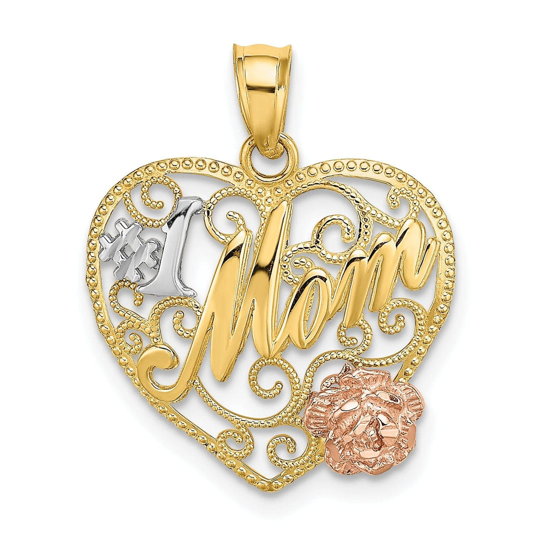 Lovely Rita's Pendants & Charms 14k Two Tone Gold, White Rhodium Textured Polished Finish #1 Mom with Flower Beaded Design Heart Shape Charm Pendant