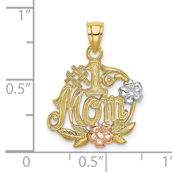 Lovely Rita's Pendants & Charms 14k Two Tone Gold,White Rhodium Textured Polished Finish #1 MOM with Flower Design Charm Pendant