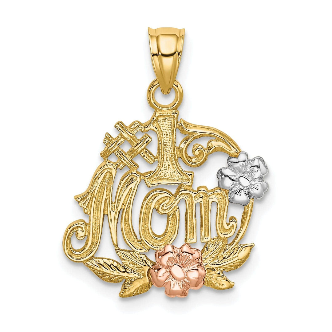 Lovely Rita's Pendants & Charms 14k Two Tone Gold,White Rhodium Textured Polished Finish #1 MOM with Flower Design Charm Pendant