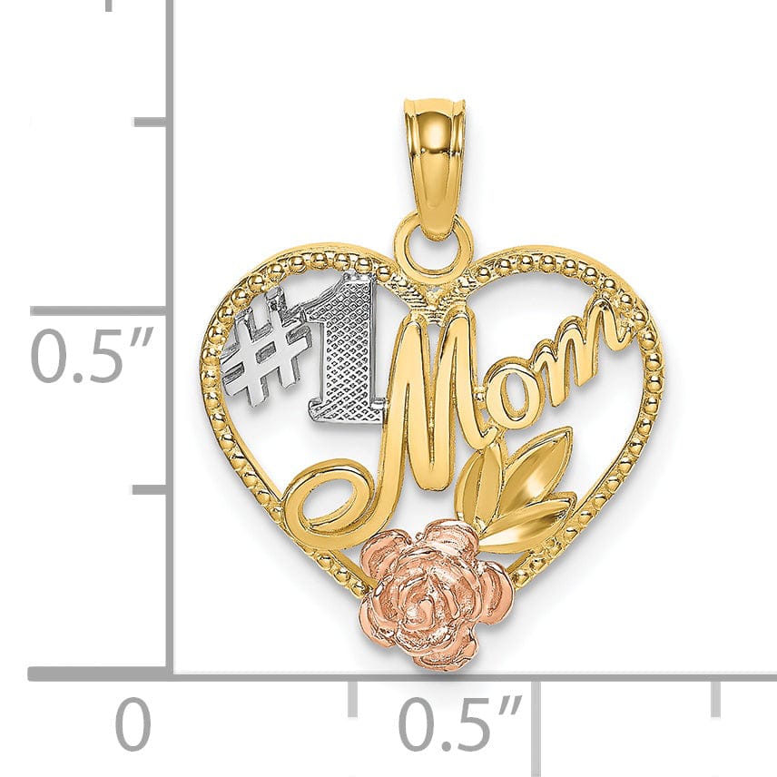 Lovely Rita's Pendants & Charms 14k Two Tone Gold, White Rhodium Textured Polished Finish #1 Mom with Flower Design Heart Shape Charm Pendant