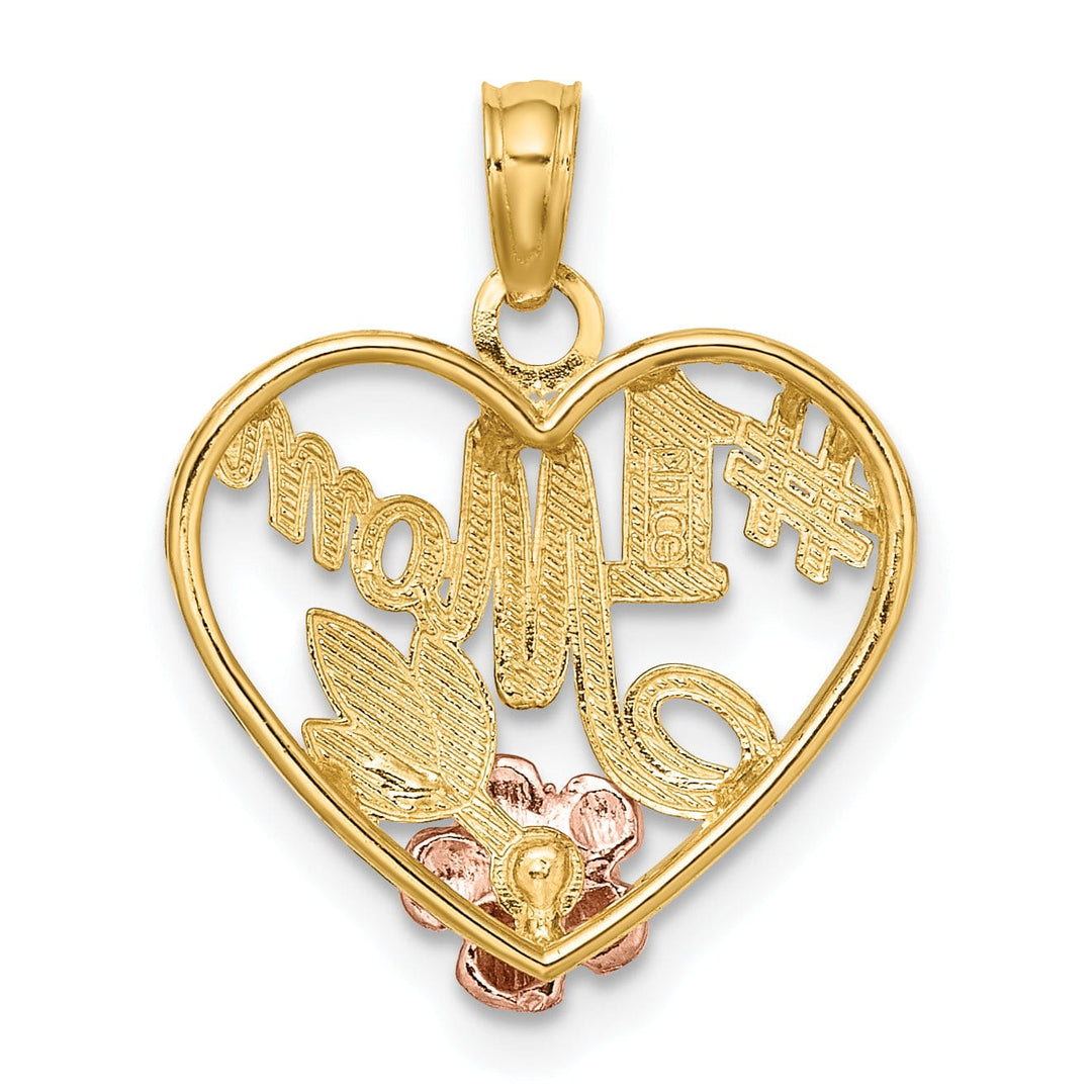 Lovely Rita's Pendants & Charms 14k Two Tone Gold, White Rhodium Textured Polished Finish #1 Mom with Flower Design Heart Shape Charm Pendant