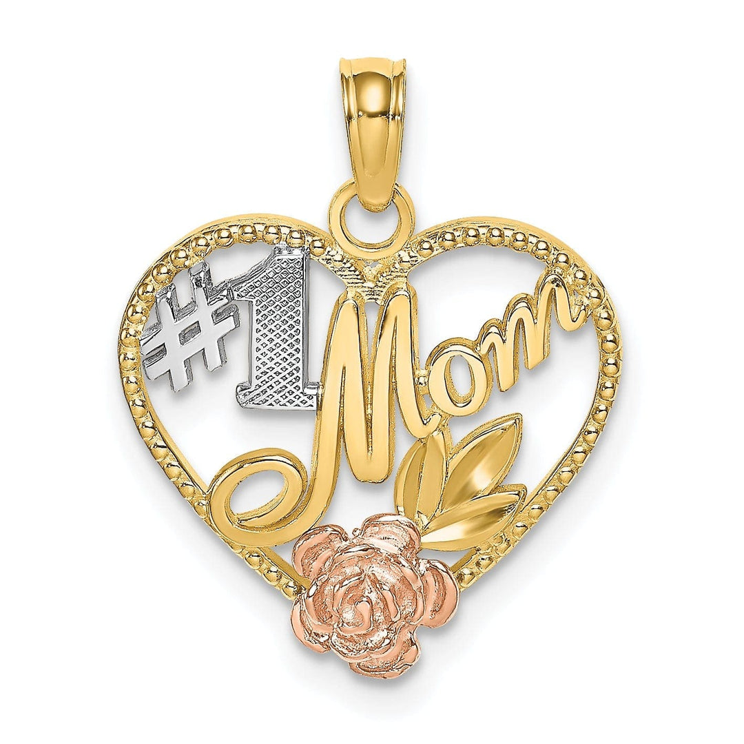 Lovely Rita's Pendants & Charms 14k Two Tone Gold, White Rhodium Textured Polished Finish #1 Mom with Flower Design Heart Shape Charm Pendant