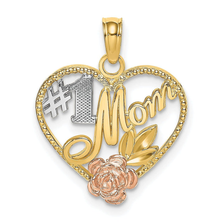 Lovely Rita's Pendants & Charms 14k Two Tone Gold, White Rhodium Textured Polished Finish #1 Mom with Flower Design Heart Shape Charm Pendant