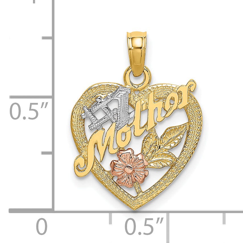 Lovely Rita's Pendants & Charms 14K Two Tone Gold, White Rhodium Textured Polished Finish #1 MOTHER Heart with Leaf, Flower Design Charm Pendant