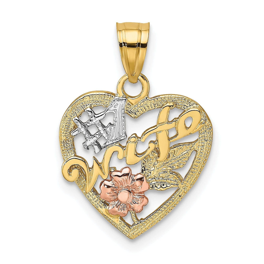 Lovely Rita's Pendants & Charms 14k Two-Tone Gold, White Rhodium Textured Polished Finish #1 WIFE In Heart with Flower Design Charm Pendant