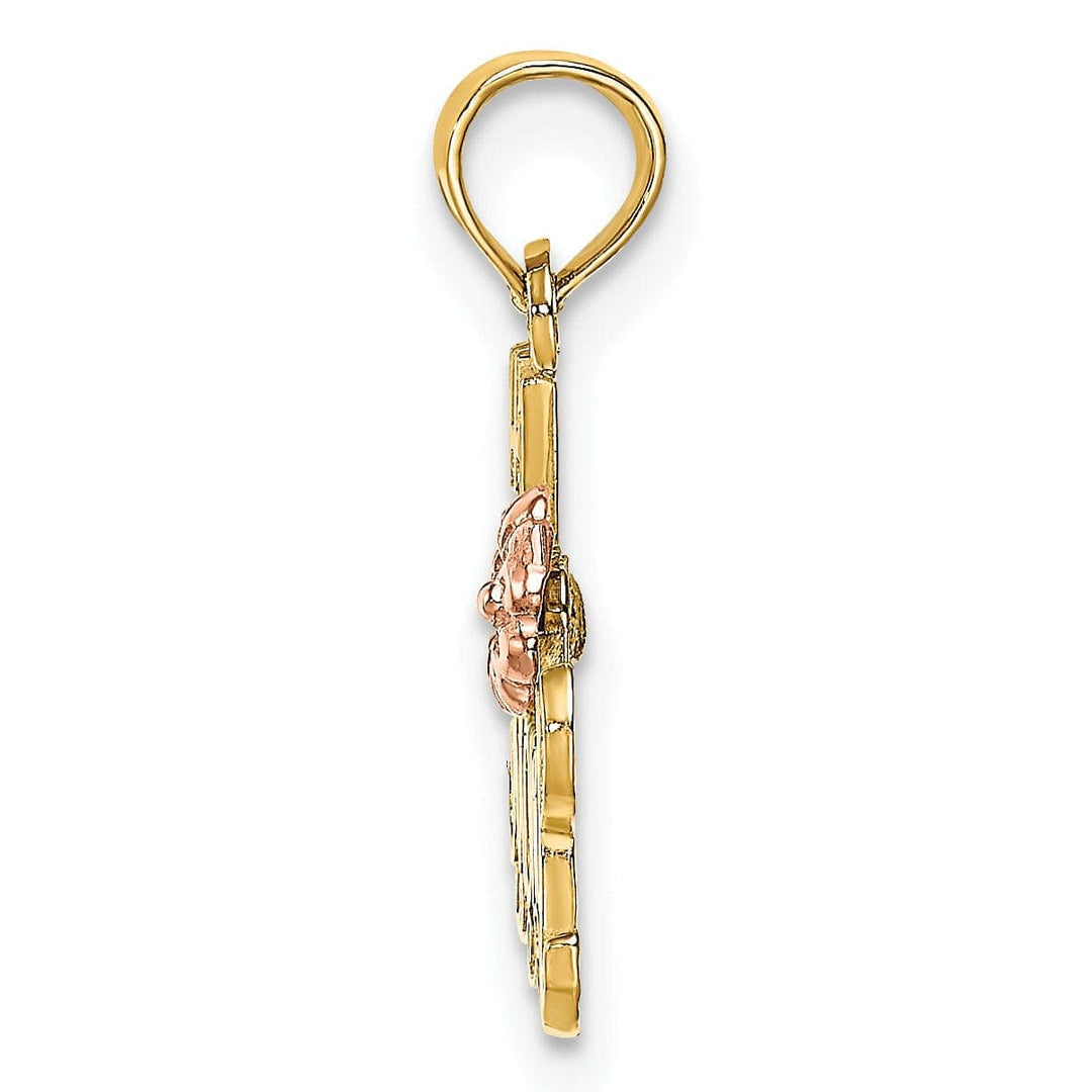 Lovely Rita's Pendants & Charms 14K Two Tone Gold, White Rhodium Textured Polished Finish Script #1 MOM with Leaf, Flower Design Charm Pendant