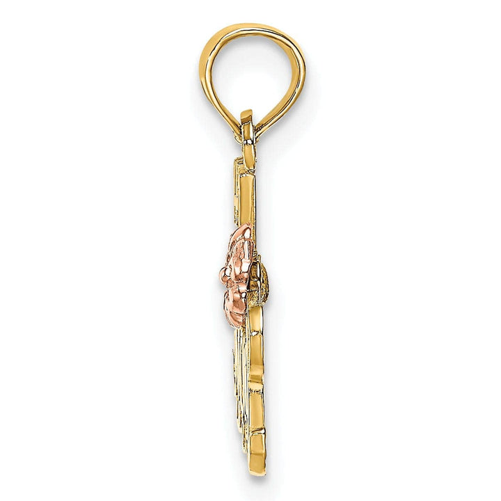 Lovely Rita's Pendants & Charms 14K Two Tone Gold, White Rhodium Textured Polished Finish Script #1 MOM with Leaf, Flower Design Charm Pendant