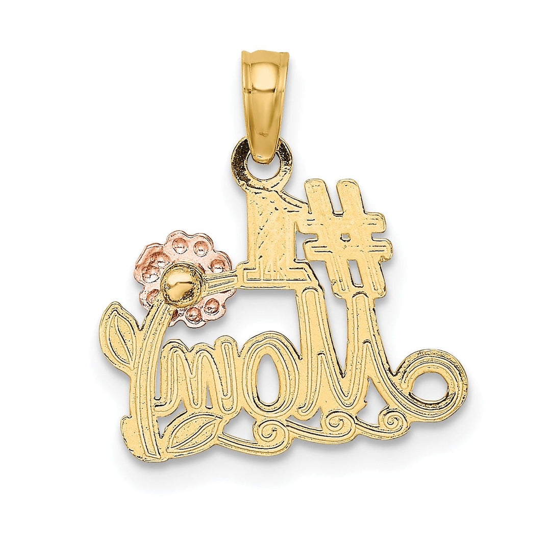 Lovely Rita's Pendants & Charms 14K Two Tone Gold, White Rhodium Textured Polished Finish Script #1 MOM with Leaf, Flower Design Charm Pendant