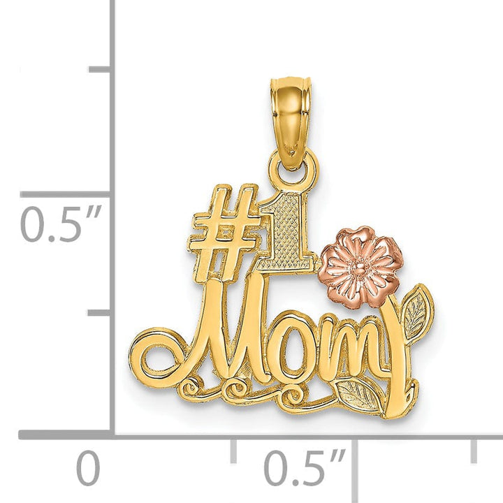 Lovely Rita's Pendants & Charms 14K Two Tone Gold, White Rhodium Textured Polished Finish Script #1 MOM with Leaf, Flower Design Charm Pendant