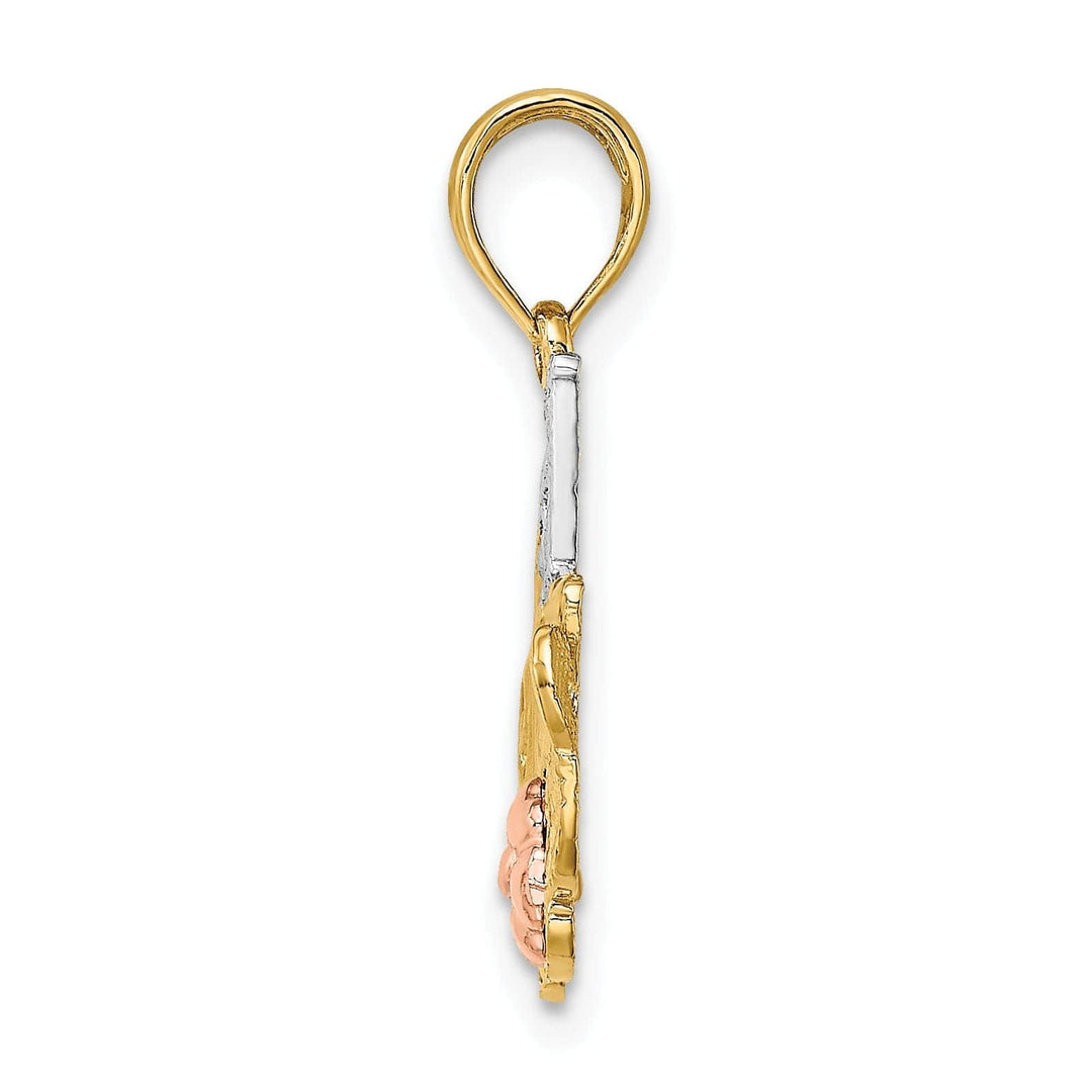 Lovely Rita's Pendants & Charms 14K Two Tone Gold, White Rhodium Textured Polished Finish Script #1 MOTHER with Leaf, Flower Design Charm Pendant